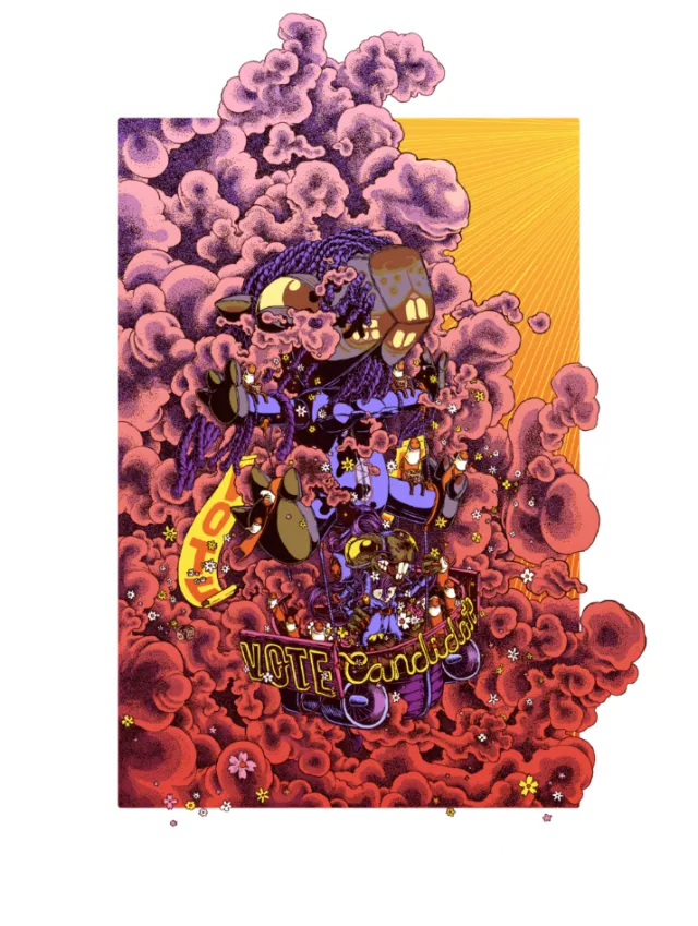 Surreal mechanical figure with purple clouds and yellow background by Carles Garcia O'Dowd