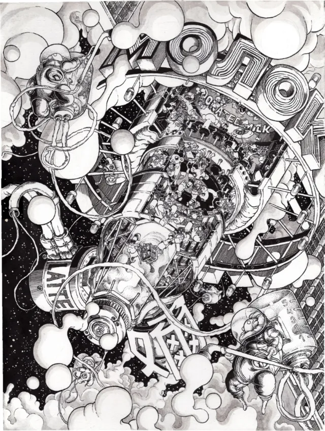 Intricate surreal black and white drawing by Carles Garcia O'Dowd