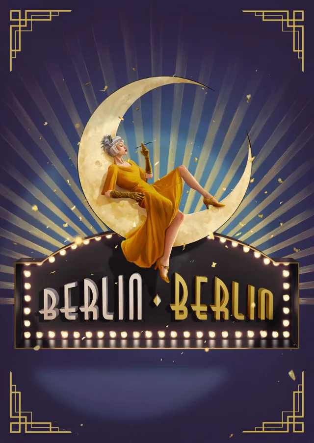 Woman sitting on crescent moon above lit Berlin sign by POW!!!