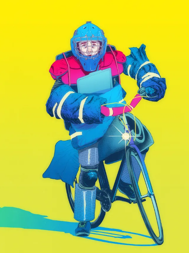 Cyclist in full protective gear riding a bike by POW!!!