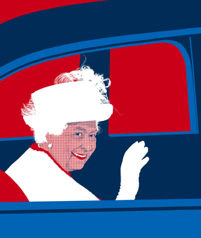 Illustration of Queen Elizabeth II waving from a car window by POW!!!