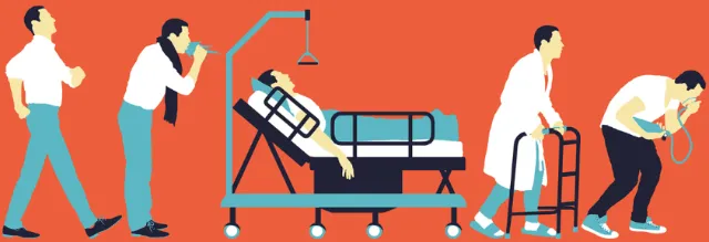 Illustration of human life progression by POW!!! including walking and hospital bed