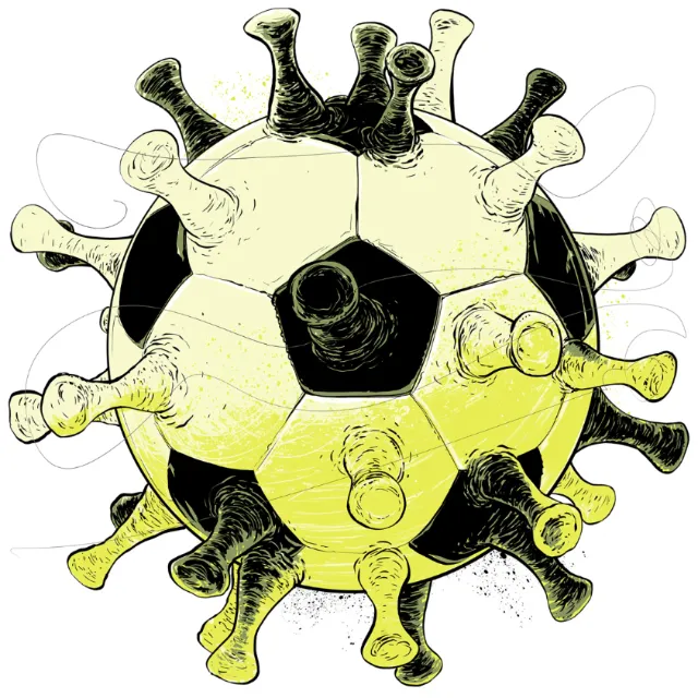 Illustration of a soccer ball combined with virus spikes by POW!!!