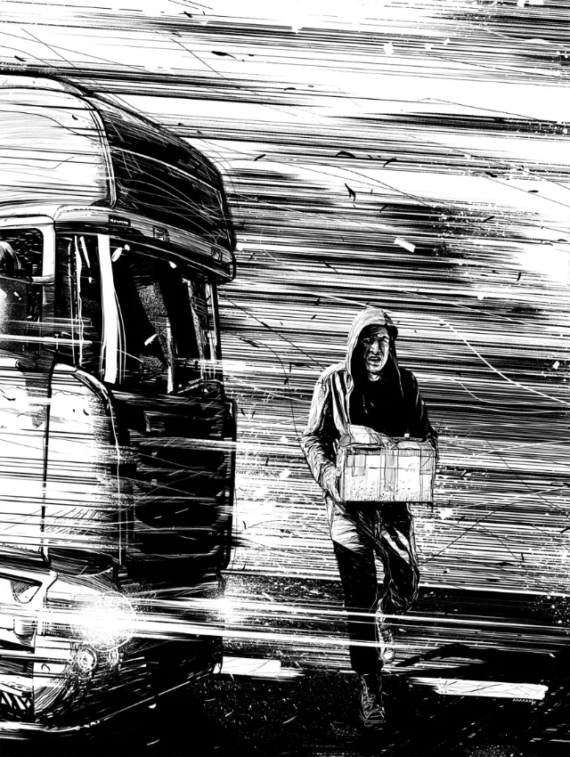 Person carrying a box near a moving large truck in black and white by POW!!!