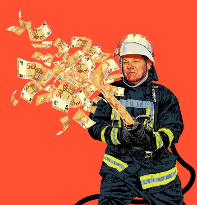 Firefighter spraying money with hose, illustration by POW!!!