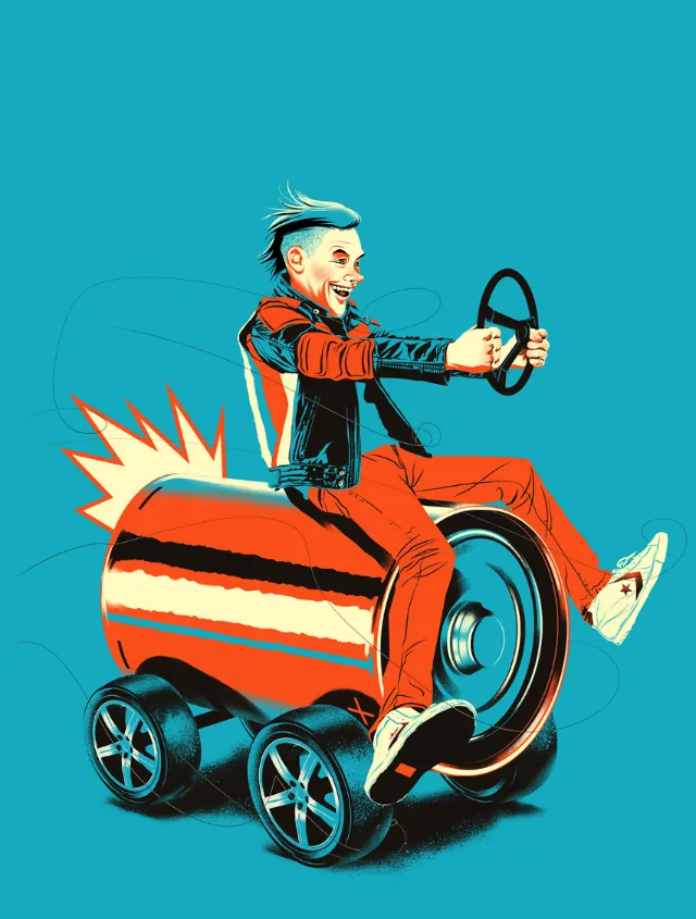 Person joyfully driving a rocket-shaped toy car by POW!!!