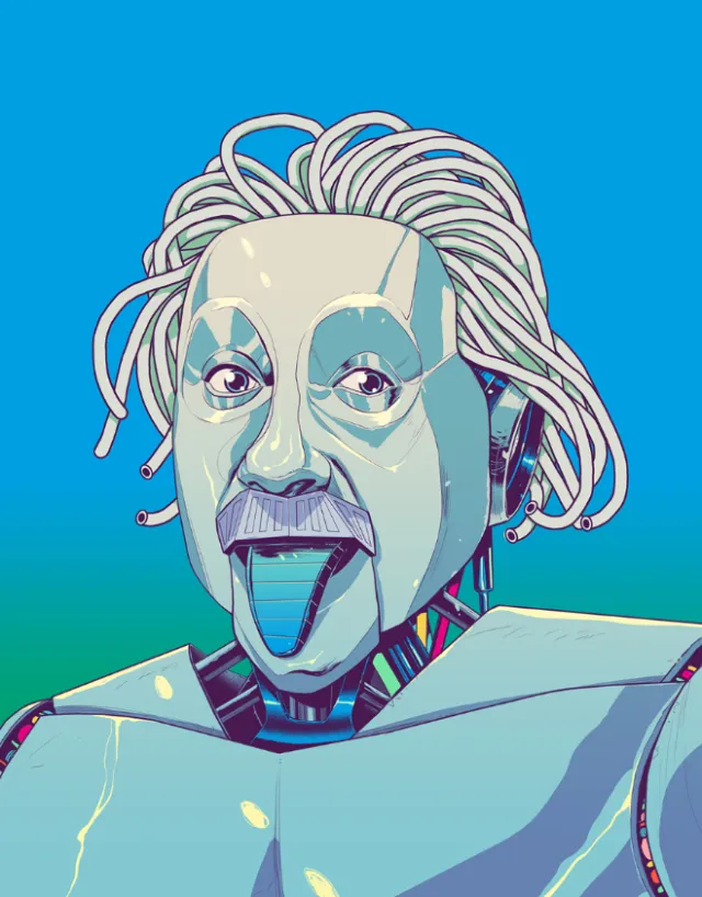 Robot head with Einstein's face and tongue out, artwork by POW!!!