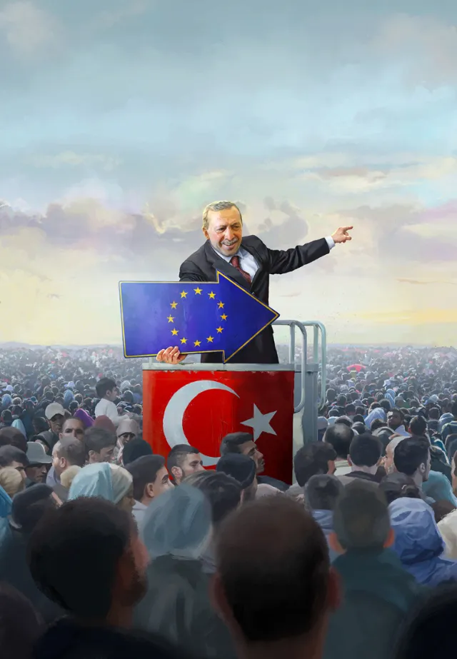 Political leader at podium with Turkish flag pointing at EU arrow by POW!!!