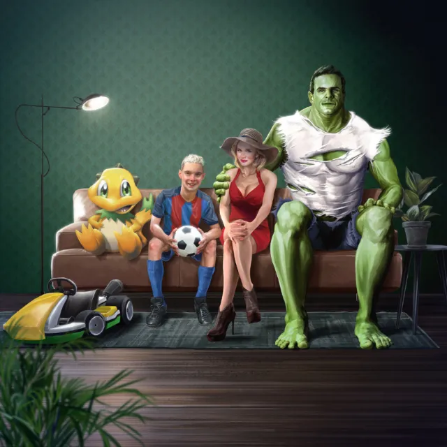Cartoon characters sitting on a sofa including a soccer player and green superhero by POW!!!