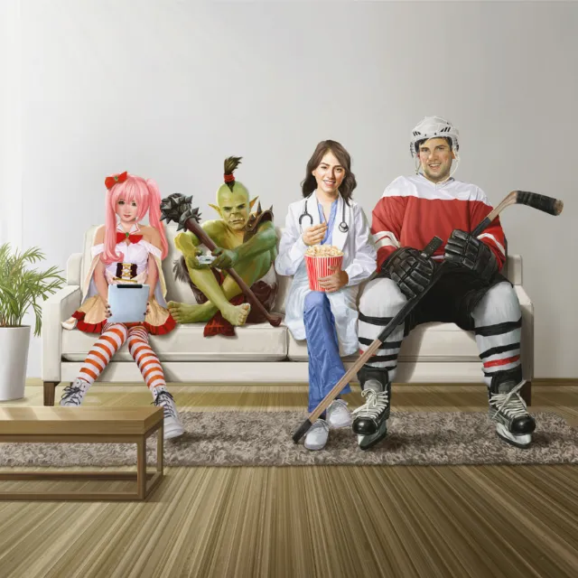 Four people including anime character, orc, doctor, and hockey player sitting on couch by POW!!!