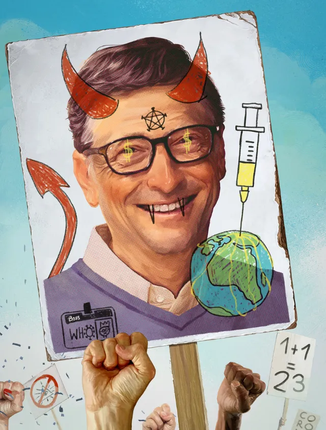 Caricature of man with devil horns and tail injecting globe with syringe by POW!!!