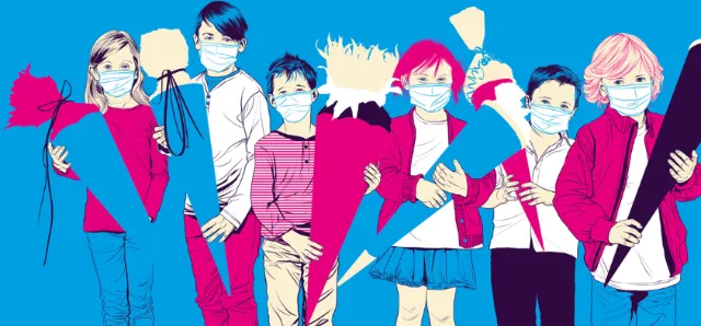 Group of masked children holding colorful school cones by POW!!!