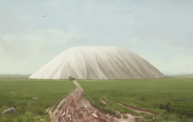 Large white dome in green field under cloudy sky by POW!!!