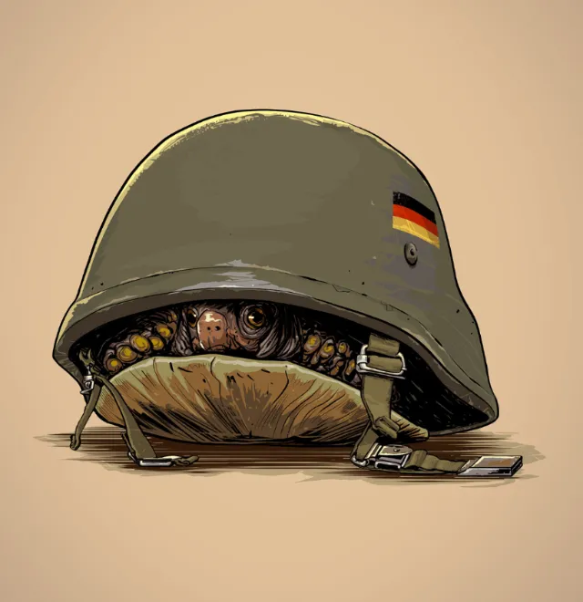 Creature peeking from inside German helmet illustration by POW!!!