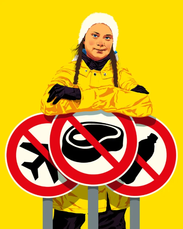Person in yellow jacket holding environmental protest signs by POW!!!
