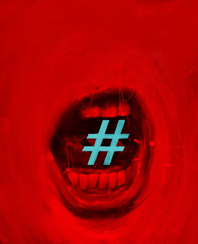 Open mouth showing teeth with blue hashtag symbol inside by POW!!!