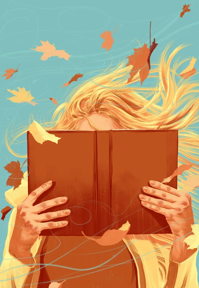 Person holding a brown book with autumn leaves blowing around by POW!!!