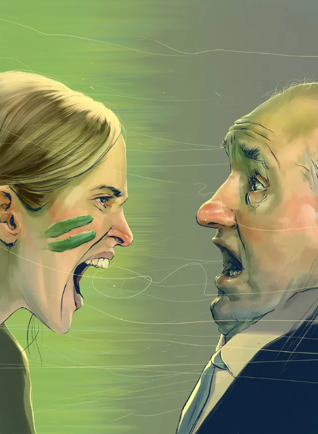 Young woman with face paint shouting at surprised older man by POW!!!