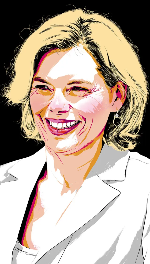 Smiling blonde woman with short hair wearing a white jacket, artwork by POW!!!