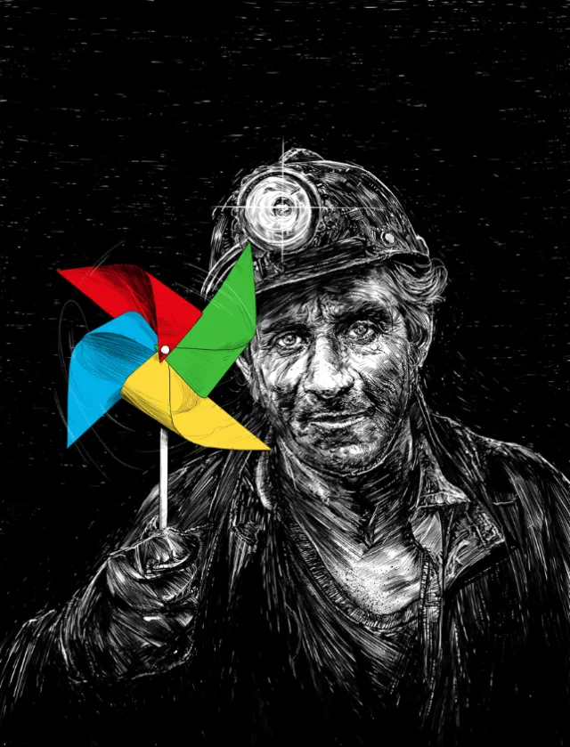 Portrait of a miner holding a colorful pinwheel by POW!!!
