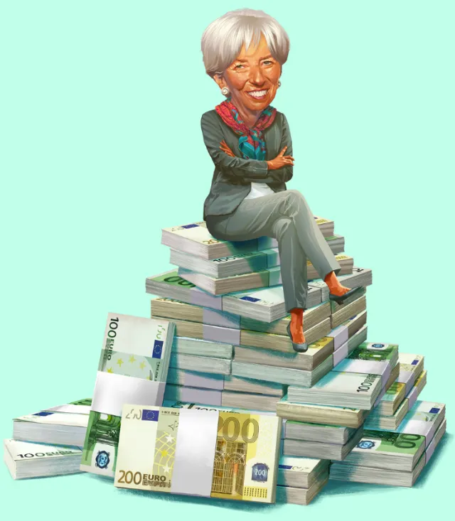 Caricature of a person sitting on stacks of 200 euro banknotes by POW!!!