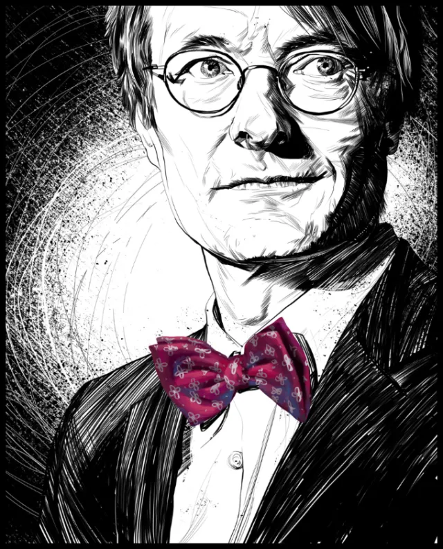Black and white portrait of man with glasses and bow tie by POW!!!