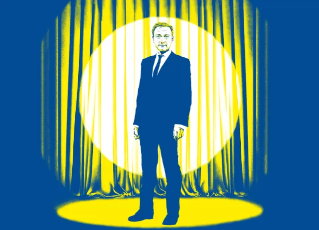 Man in suit standing in spotlight on stage with curtains by POW!!!