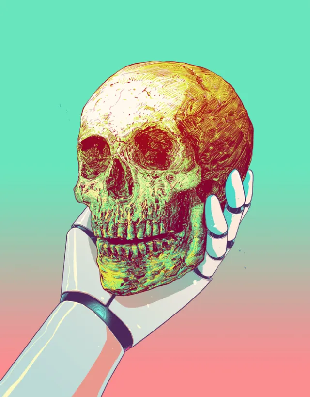 A robotic hand holding a yellow skull illustration by POW!!!