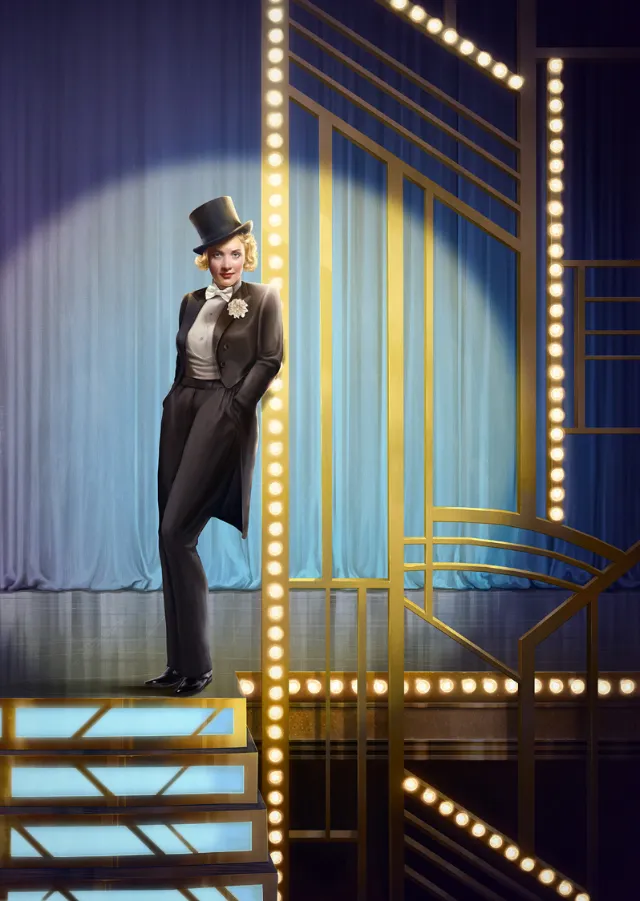Vintage cabaret performer wearing tuxedo and top hat on stage by POW!!!