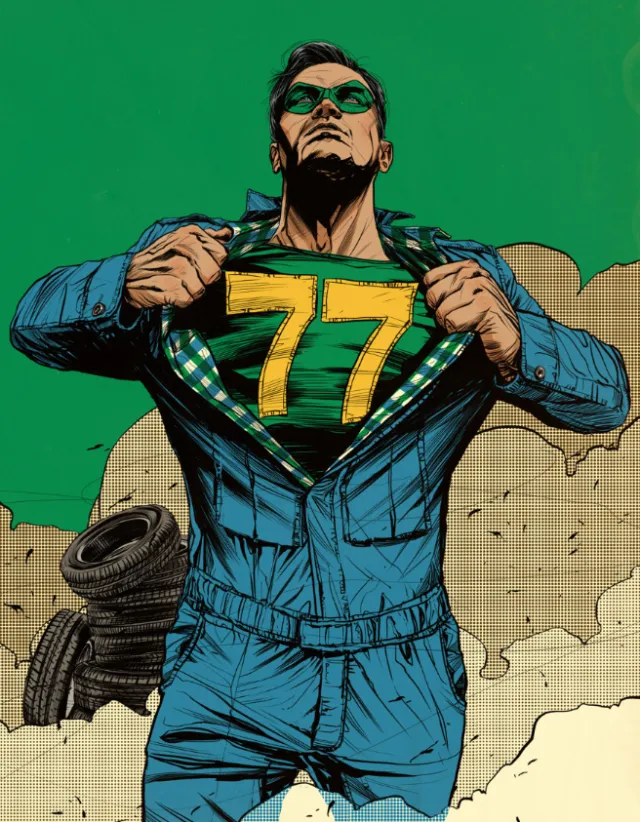 Man revealing yellow 77 superhero costume under shirt by POW!!!