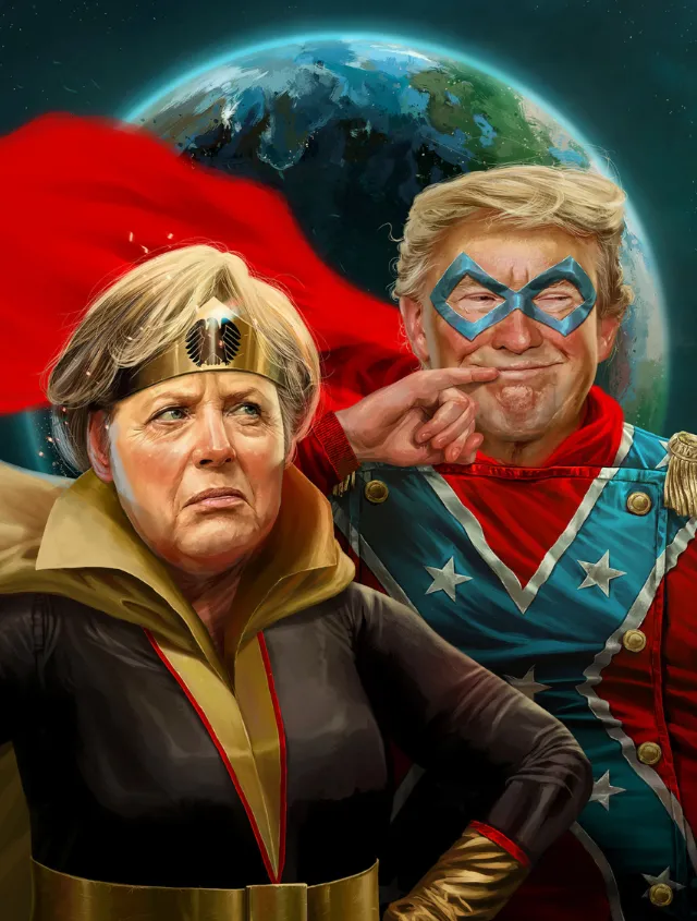Superhero characters in costume with Earth in the background by POW!!!
