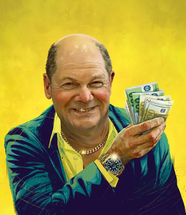 Smiling bald man holding US dollar bills, portrait by POW!!!