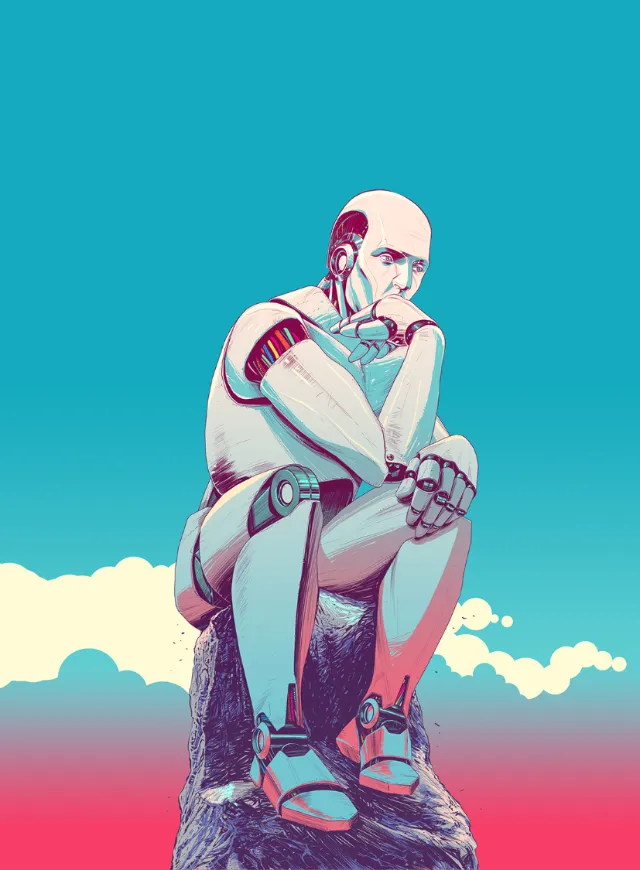 Humanoid robot sitting on a rock in a thinking pose by POW!!!