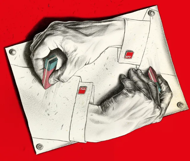 Two hands erasing paper sections with erasers by POW!!!