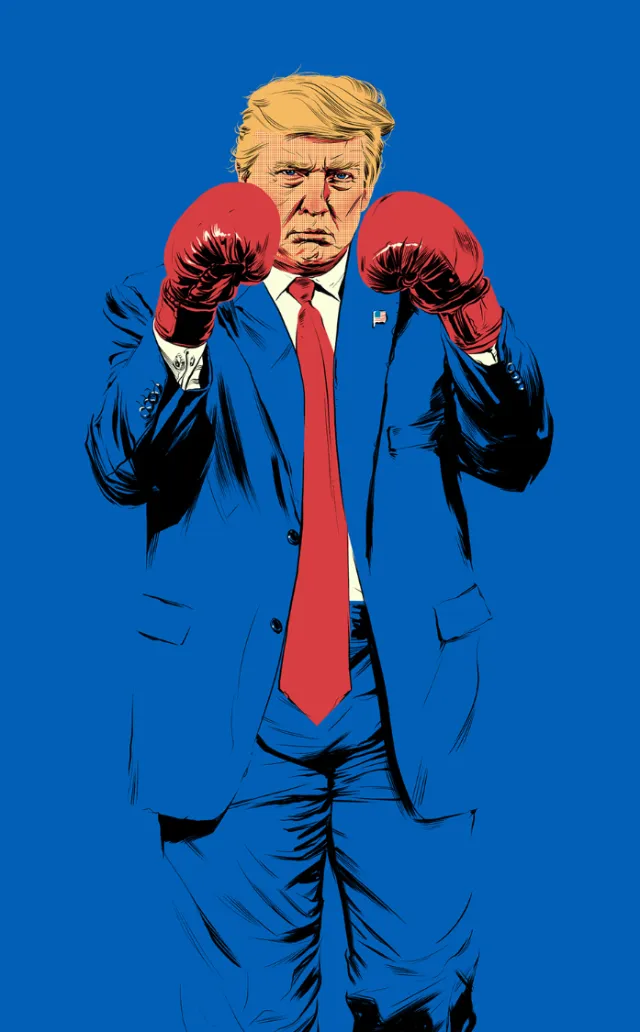 Illustration of Donald Trump wearing boxing gloves and a blue suit by POW!!!