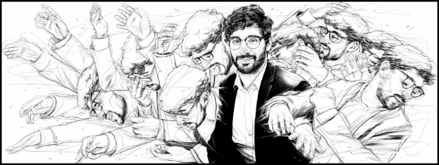 Black and white sketch of a man in motion by POW!!!