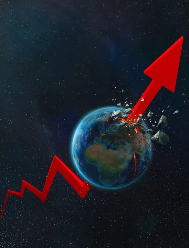 Red arrow piercing Earth with debris floating in space by POW!!!
