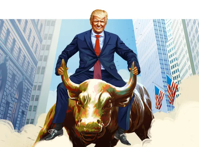 Man in suit riding Wall Street charging bull statue by POW!!!