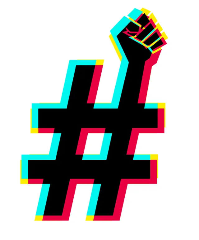 Glitched hashtag symbol with red and blue offset shadows by POW!!!