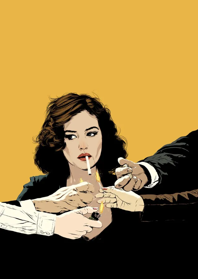 Woman with cigarette surrounded by reaching hands, by POW!!!