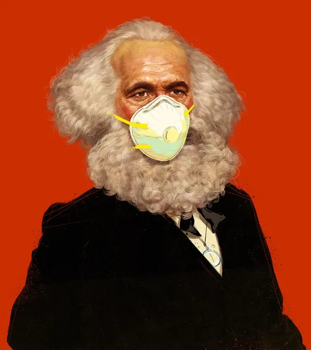Portrait of a man with white hair and beard wearing a yellow face mask by POW!!!