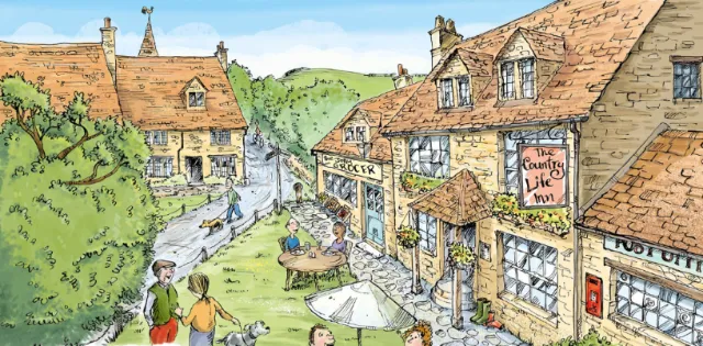 English country village scene outside a pub by Sholto Walker