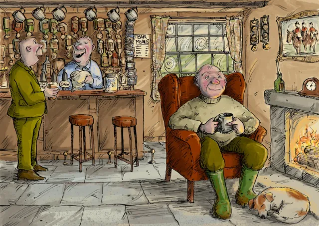 English pub interior with farmer by fire and dog, illustrated by Sholto Walker