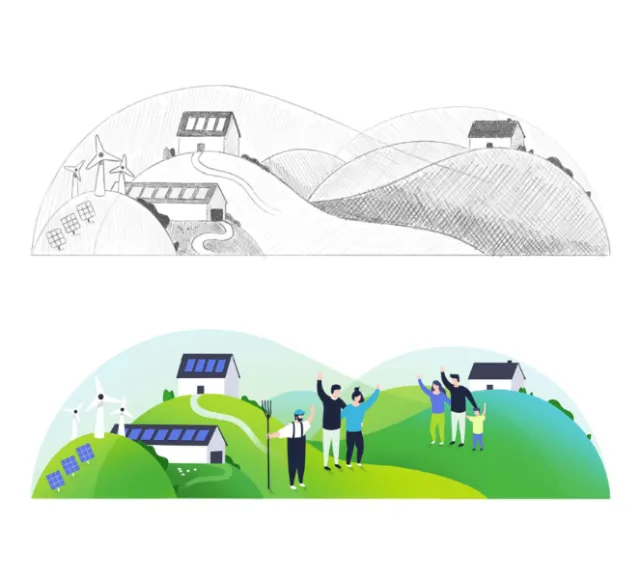 Green hills with solar panels and wind turbines, people celebrating sustainable energy by Samy Löwe