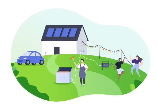 Solar powered house with children playing outside by Samy Löwe