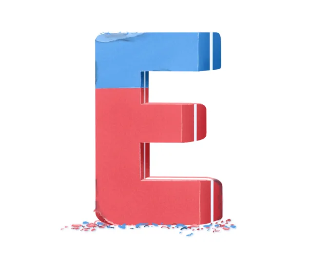 3D letter E block in red and blue by Samy Löwe