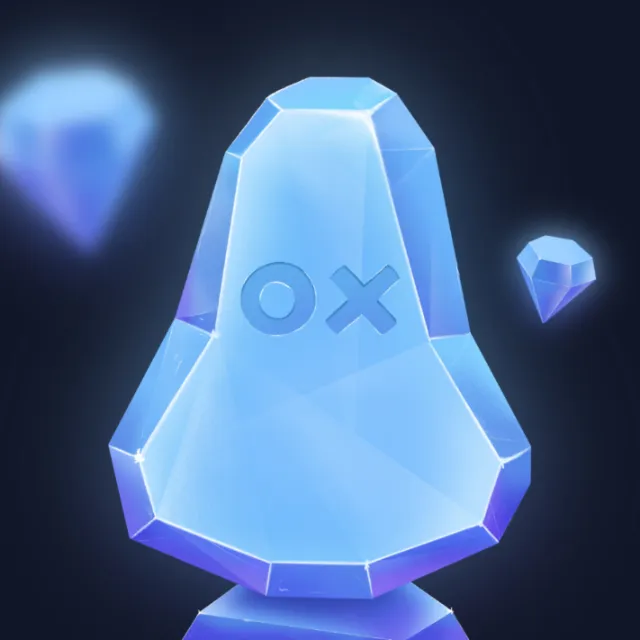 Blue crystal with OX symbol glowing on dark background by Samy Löwe