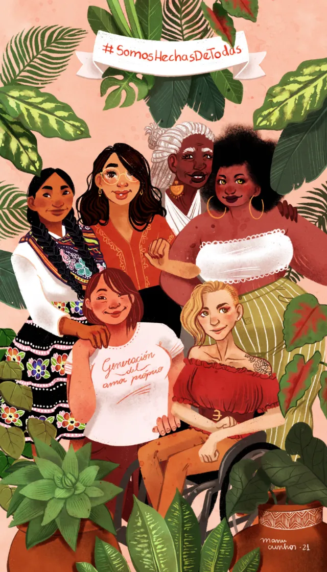 Diverse group of women united with banner #SomosLuchasJuntas by Manu Cunhas