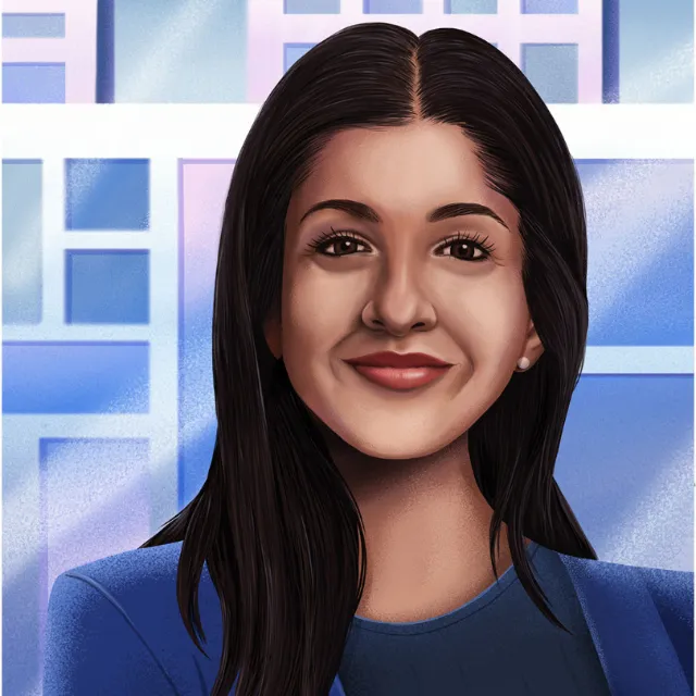 Digital portrait of Anjali Sud with geometric background by Andressa Meissner