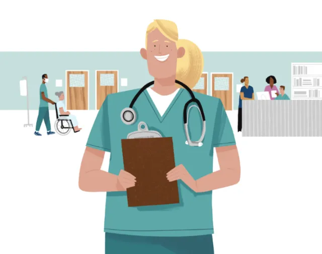 Smiling nurse with clipboard and stethoscope ready to help patients by Drew Bardana